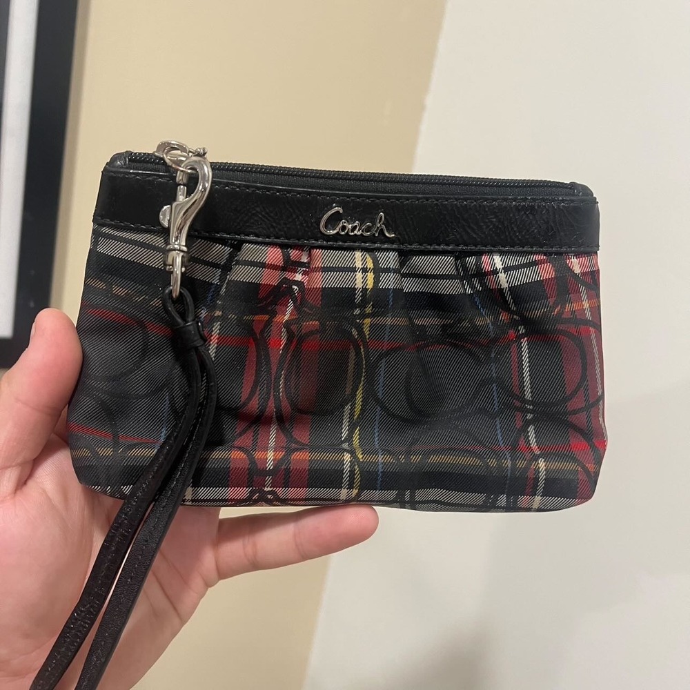 Coach Plaid Signature C Wristlet Red Black White Canvas Leather Trim Small Bag